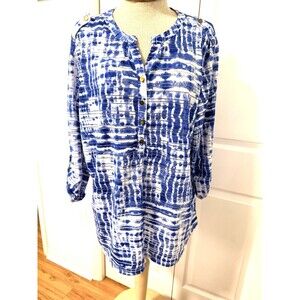 C. D. Daniels Women's Sz XL Abstract Blue Stretch Top Button Blouse 3/4 Sleeves